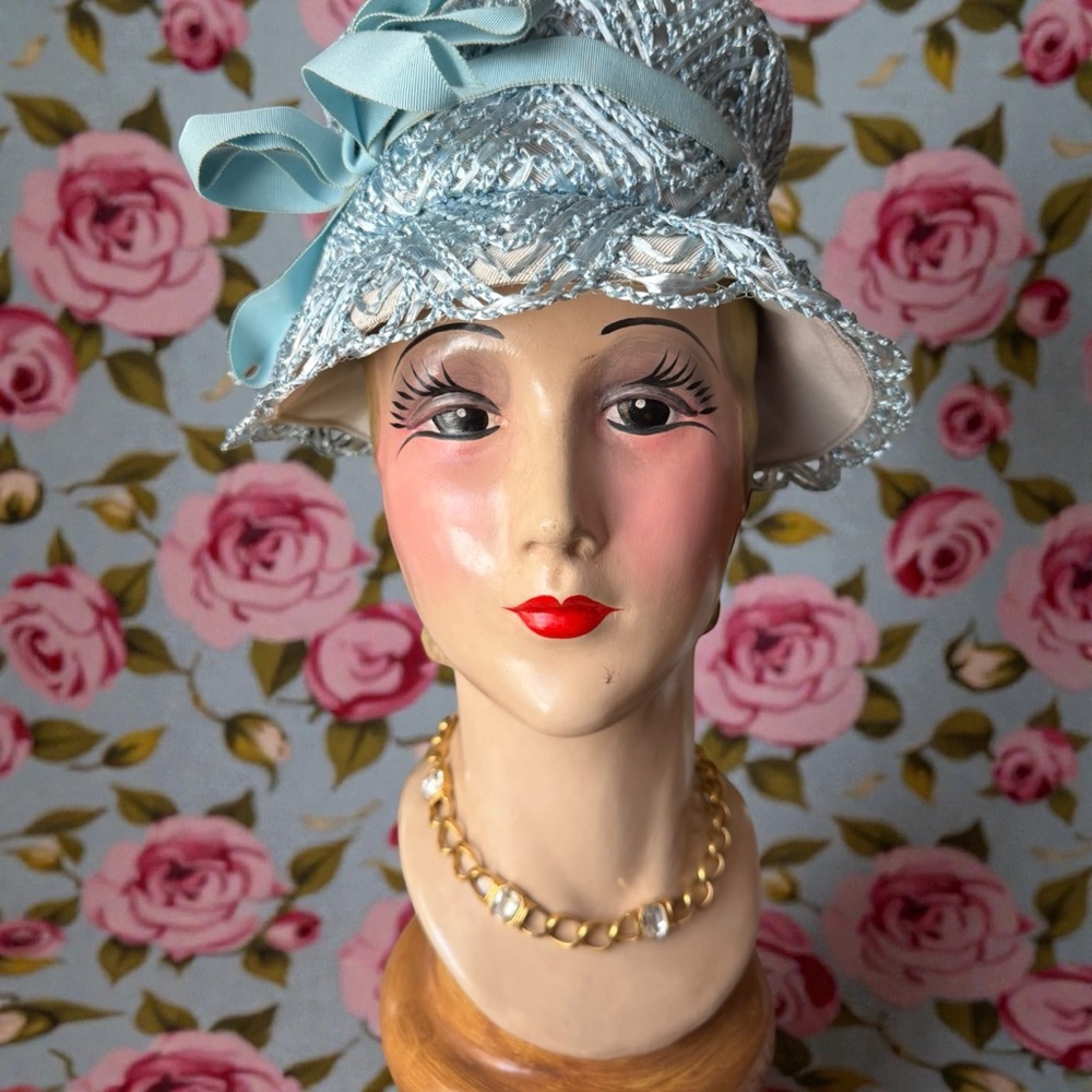 Elegant Blue Women's straw Hat with Ribbon